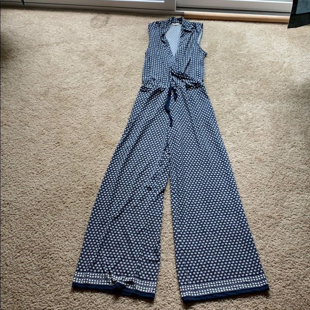 Max Studio Navy Printed Drawstring Jumpsuit